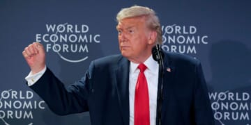 President Donald Trump speaks during a reception for business leaders at the World Economic Forum Annual Meeting on Jan. 21, 2026, in Davos, Switzerland.