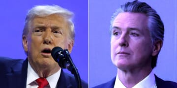 The brief encounter took place backstage while California Gov. Gavin Newsom, right, and President Donald Trump were attending the World Economic Forum's annual meeting this week in Davos, Switzerland.