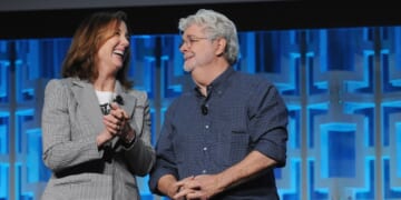 Kathleen Kennedy and George Lucas attend the 40 Years of Star Wars panel during the 2017 Star Wars Celebration at Orange County Convention Center on April 13, 2017, in Orlando, Florida.