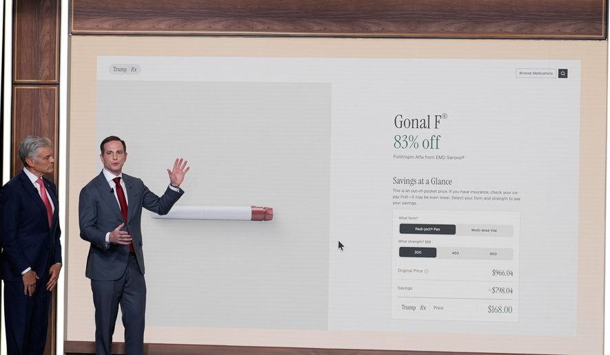 National Design Studio director Joe Gebbia and Centers for Medicare & Medicaid Services administrator Dr. Mehmet Oz talk about TrumpRx during an event with President Donald Trump in the South Court Auditorium in the Old Eisenhower Executive Office Building on the White House campus, Thursday, Feb. 5, 2026, in Washington. (AP Photo/Alex Brandon)