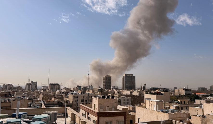 Smoke rises on the skyline after an explosion in Tehran, Iran, Saturday, Feb. 28, 2026.(AP Photo)
