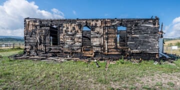 The ruins of a church burned in a fire in Morley, Alberta.