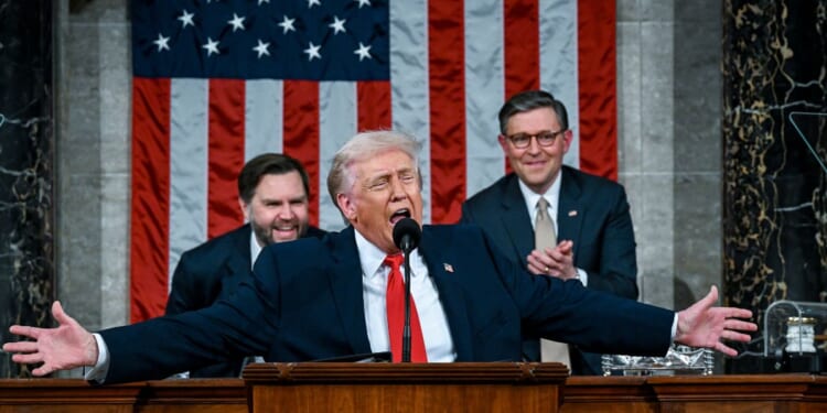 President Donald Trump delivers the State of the Union address during a joint session of Congress in the House Chamber at the Capitol on Feb. 24, 2026, in Washington, D.C.