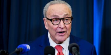 Senate Minority Leader Chuck Schumer speaks during a news conference ahead of Trump's State of the Union address on Feb. 24, 2026 in Washington, DC.