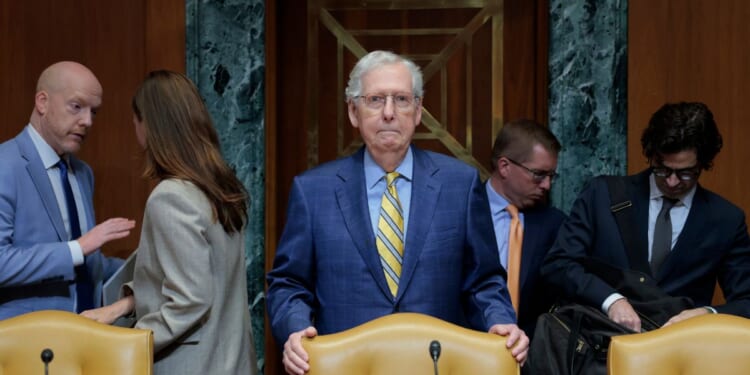 Sen. Mitch McConnell looks on before a hearing with the Senate Appropriations Committee in the Dirksen Senate Office Building on June 11, 2025, in Washington, D.C.