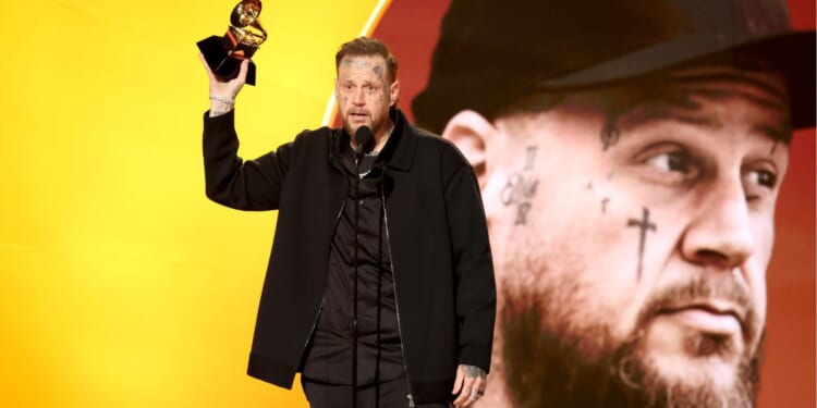 Jelly Roll accepts the Best Contemporary Country Album award for "Beautifully Broken" during Sunday's 68th Grammy Awards in Los Angeles, California.