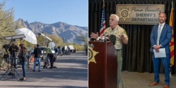 TV crews, left, have been stationed outside Nancy Guthrie's home in Tucson, Arizona, as law enforcement officials, including Pima County Sheriff, Chris Nanos and FBI assistant special agent in-charge Jon Edwards, right, have been updating reporters on the missing persons case.