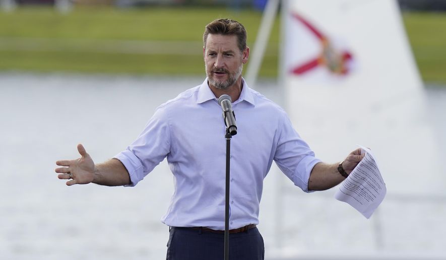 U.S. Rep. Greg Steube, R-Fla., speaks during a campaign event, Oct. 27, 2020, in Sarasota, Fla. The Florida congressman was injured in an accident at his home Wednesday, Jan. 18, 2023, his office said. (AP Photo/Chris O'Meara, File)