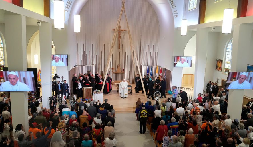 Pope Francis arrives for a meeting with Indigenous peoples and members of the parish community of Sacred Heart in Edmonton, Canada, Monday, July 25, 2022. (AP Photo/Gregorio Borgia, File)