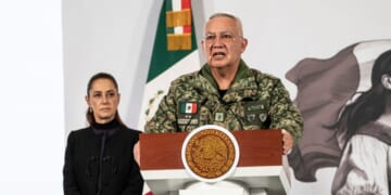 Mexican Secretary of National Defense, Ricardo Trevilla Trejo, speaks during the daily morning briefing at Palacio Nacional on Feb. 23, 2026, in Mexico City, Mexico.