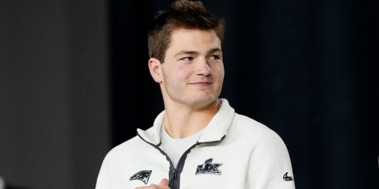 Drake Maye of the New England Patriots looks on during Super Bowl LX Opening Night at San Jose McEnery Convention Center on Feb. 2, 2026, in San Jose, California.