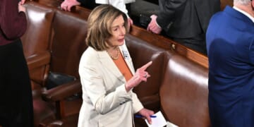 California Representative Nancy Pelosi arrives for President Donald Trump's State of the Union address in the House Chamber of the US Capitol in Washington, DC on Feb. 24, 2026.