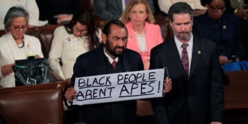 Rep. Al Green, a Democrat from Texas, holds up a sign as Trump delivers his State of the Union address during a joint session of Congress at the U.S. Capitol on Feb. 24, 2026, in Washington, D.C.