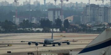 A United States Air Force KC-135 Stratotanker refueling aircraft on the runway at Ben Gurion airport on March 13, 2026, in Lod, Israel.