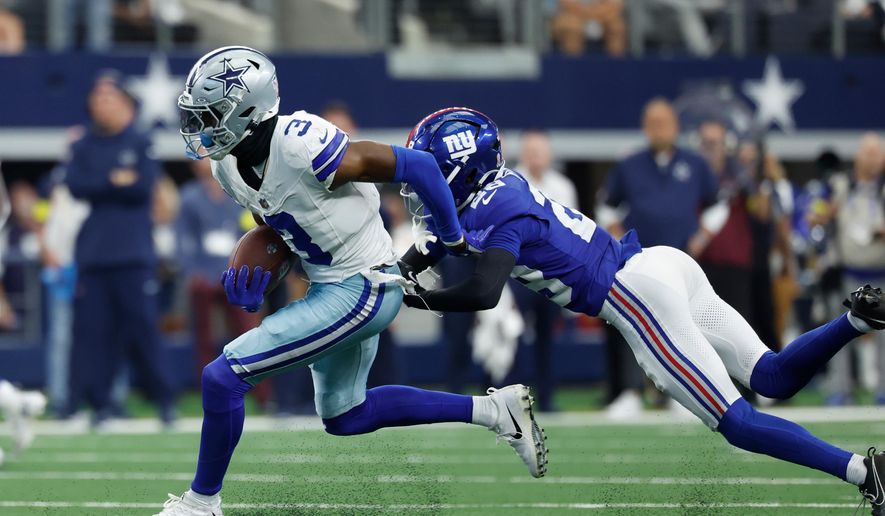 Dallas Cowboys wide receiver George Pickens (3) carries the ball after reception during a NFL football game against the New York Giants on Sept. 14, 2025, in Arlington, Texas. (AP Photo/Matt Patterson, File)