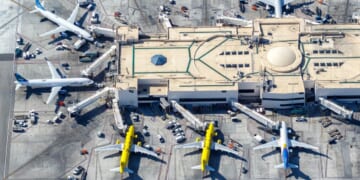 An overhead shot of airplanes parked at Los Angeles Airport on Nov. 4, 2022.