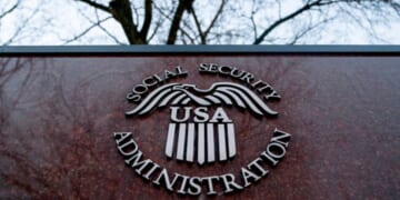 The Social Security Administration’s logo displayed outside of the Maryland headquarters on February 19, 2025.