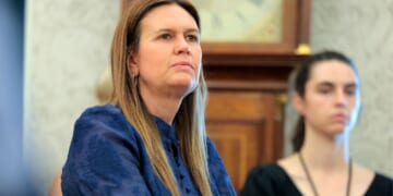 Arkansas Gov. Sarah Huckabee Sanders attends an event on natural disaster preparedness with President Donald Trump in the Oval Office at the White House on June 10, 2025, in Washington, D.C.
