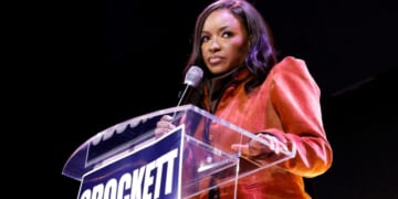 Rep. Jasmine Crockett speaks with supporters at her Senate Primary election night party on March 3, 2026 in Dallas, Texas.