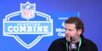 General manager John Schneider of the Seattle Seahawks speaks to the media during the 2026 NFL Scouting Combine at Lucas Oil Stadium on Feb. 24, 2026, in Indianapolis, Indiana.