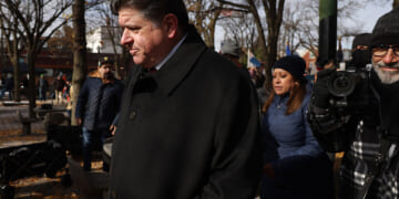 Illinois Governor J.B. Pritzker walks at Veterans Day ceremony in Little Village on November 11, 2025.