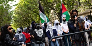 A group of protesters supporting the people of Gaza gather outside Hamilton Hall at Columbia University in New York City on April 30, 2024.