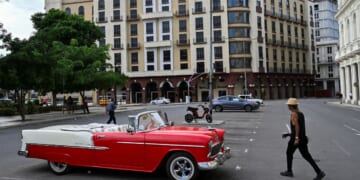 A classic American car is seen parked near the Iberostar Parque Central hotel in Havana on March 12, 2026.