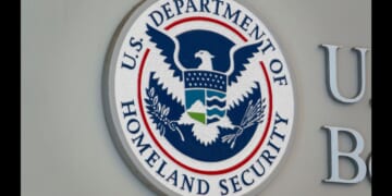 A U.S. Department of Homeland Security logo is displayed at the U.S. Customs and Border Patrol headquarters in Washington, D.C. on May 18, 2025.