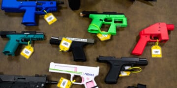 A collection of 3D printed guns and guns that have been modified using 3D printed parts is seen in the National Firearm Reference Vault, which holds thousands of guns, at the Bureau of Alcohol, Tobacco, Firearms, and Explosives National Services Center in Martinsburg, West Virginia, on Sept. 4, 2024.