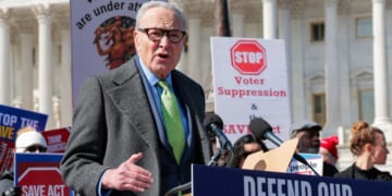 Senate Minority Leader Chuck Schumer attends a rally to speak out against the SAVE America Act outside the U.S. Capitol on March 18, 2026, in Washington, D.C.