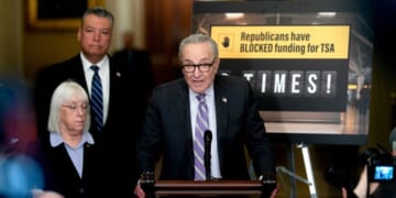 Senator Chuck Schumer and accompanying Senate Democrats speak to the press on March 24, 2026.