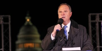 Sen. Adam Schiff speaks during the People's State of the Union Rally and Boycott on the National Mall on Feb. 24, 2026, in Washington, D.C.