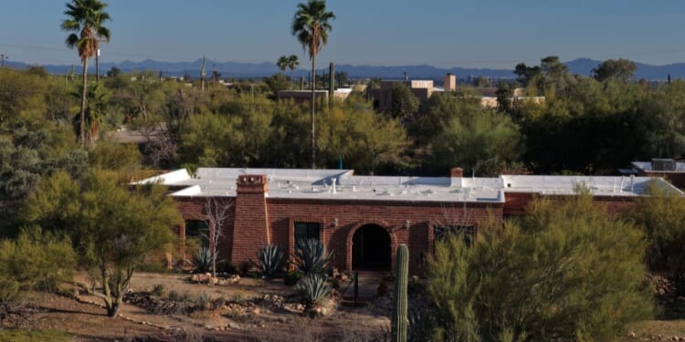In an aerial view, the home of Nancy Guthrie is shown on March 2, 2026, in Tucson, Arizona.