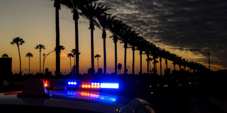 A police car goes by with lights activated on Gene Autry Way in Anaheim, California.