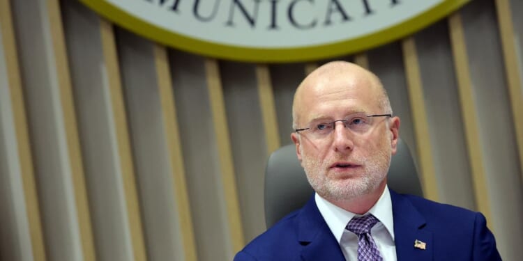 Chairman of the Federal Communications Commission Brendan Carr participates in a FCC meeting at the Federal Communications Commission headquarters on Feb. 18, 2026, in Washington, D.C.