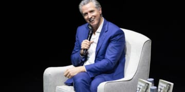 California Governor Gavin Newsom sits for an interview at an event promoting his book "Young Man in a Hurry" on Feb. 28, 2026 in San Francisco.