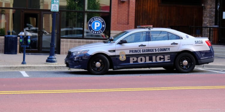 A police car parked on the street in St. George's County, Maryland.