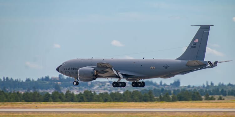 A U.S. Air Force Boeing KC-135 aerial refueling aircraft landing at the airport in Spokane, Washington, on June 23, 2024.