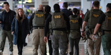 Immigration and Customs Enforcement agents patrol Terminal B at LaGuardia Airport on March 23, 2026, in New York City.