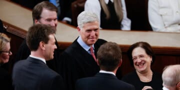 Supreme Court Associate Justices Brett Kavanaugh, Neil Gorsuch, and Elena Kagan arrive for President Joe Biden's State of the Union address during a joint meeting of Congress in the House chamber at the U.S. Capitol on March 7, 2024, in Washington, D.C.