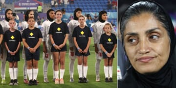 Iran women's head coach Marziyeh Jafari Baravati, right, looked on as players for Team Iran stood silently during the Islamic Republic of Iran's national anthem at the AFT Women's Asian Cup Monday in Australia.
