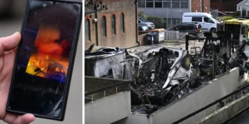 A witness shares video of an arson attack on London's Hatzola ambulance corps, left. The burnt wreckage of the ambulances is seen at right. Police said they are treating the incident as an anti-Semitic "hate crime." An Islamist organization has claimed responsibility for the attack.