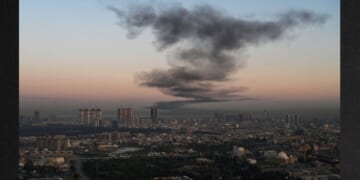 A plume of smoke rises Sunday near Erbil International Airport in Erbil, Iraq. Loud explosions were heard early on March 1 near Erbil airport, which hosts U.S.-led coalition troops in Iraq's autonomous Kurdistan region, an AFP journalist said. On Wednesday, reports circulated that Iraqi Kurds are initiating a ground offensive against Iran.