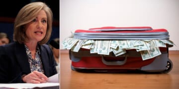 Minnesota State Rep. Kristin Robbins, left, who is running for governor in her state, testifies during a Jan. 7 hearing before the House Oversight and Government Reform Committee in Washington, D.C., Federal prosecutors filed charges against dozens of people in Minnesota, many from the area's Somali community, with stealing multiple billions of taxpayer dollars through fraudulent social services schemes. Robbins cited reports of hundreds of millions of dollars in cash being carried out of the state in suitcases through the Minneapolis-Saint Paul Airport.