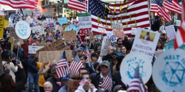 ‘No King’ Protesters in Manhattan, New York gather to denounce the Trump Administration in Oct. 18th, 2025.