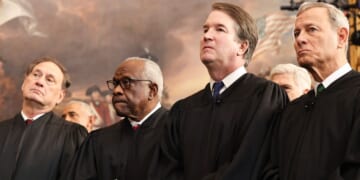 Associate Supreme Court Justices Samuel Alito, Clarence Thomas, and Brett Kavanaugh, as well as U.S. Chief Justice John Roberts, look on during inauguration ceremonies in the Rotunda of the U.S. Capitol on Jan. 20, 2025, in Washington, D.C.