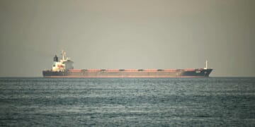 A cargo ship is pictured off the coastal city of Fujairah, in the Strait of Hormuz in the northern Emirate on Feb. 25, 2026.