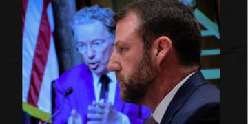 GOP Sen. Markwayne Mullin of Oklahoma is questioned by Senate Homeland Security and Governmental Affairs Committee Chairman Rand Paul of Kentucky Wednesday during Mullin's confirmation hearing to be the next Secretary of the Department of Homeland Security.