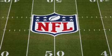 The NFL logo is pictured on the field at Levi's Stadium in Santa Clara, California, prior to Super Bowl LX.