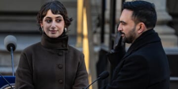 Zohran Mamdani is sworn in as New York City mayor as his wife Rama Duwaji looks on at City Hall on Jan. 1, 2026, in New York City.